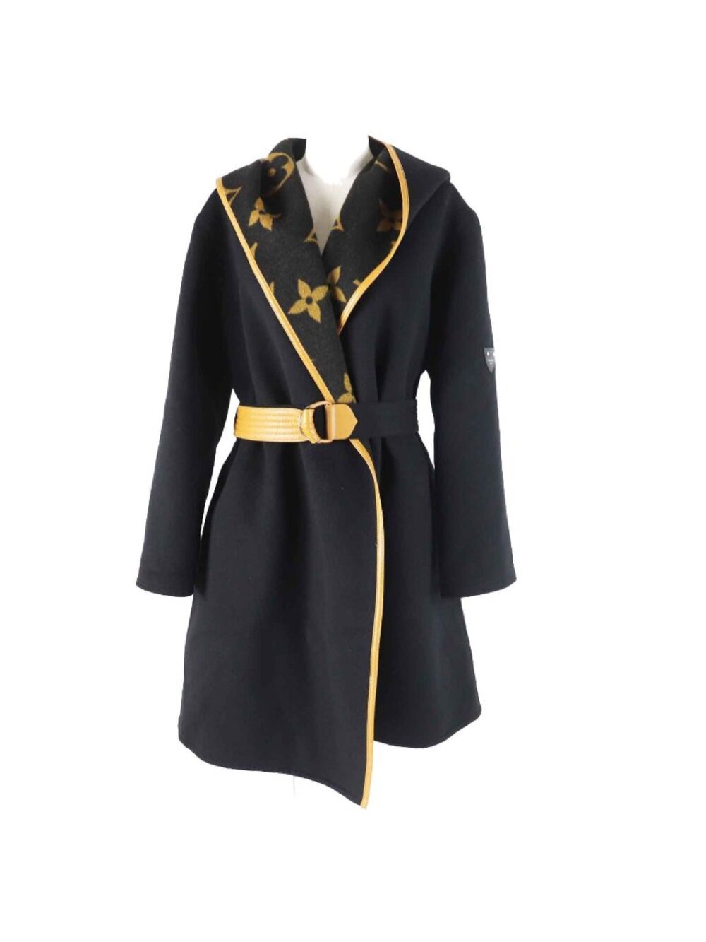 Louis Vuitton Wool Silk Giant Monogram Hooded Wrap Coat Black Brown 38